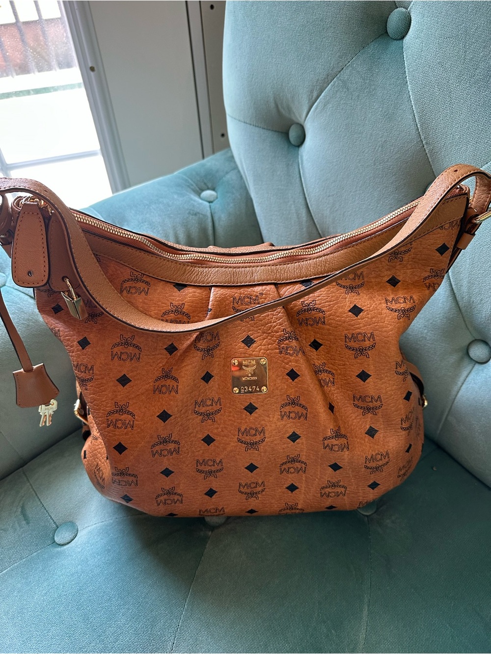 MCM Cognac Brown Visetos Signature Hobo Shoulder Bag
